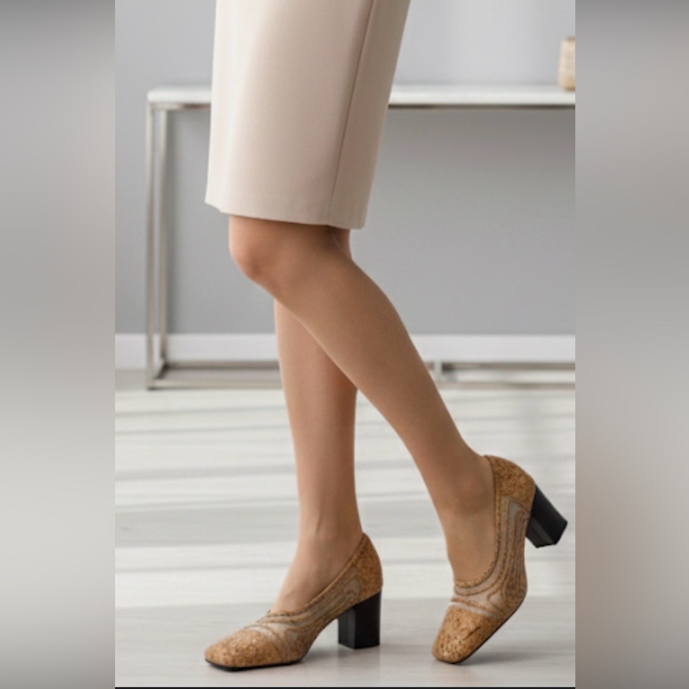 J.Renee Vintage Tan Cork Heels Pumps Size 7.5 Low Heel 2 Inch Dress Shoes